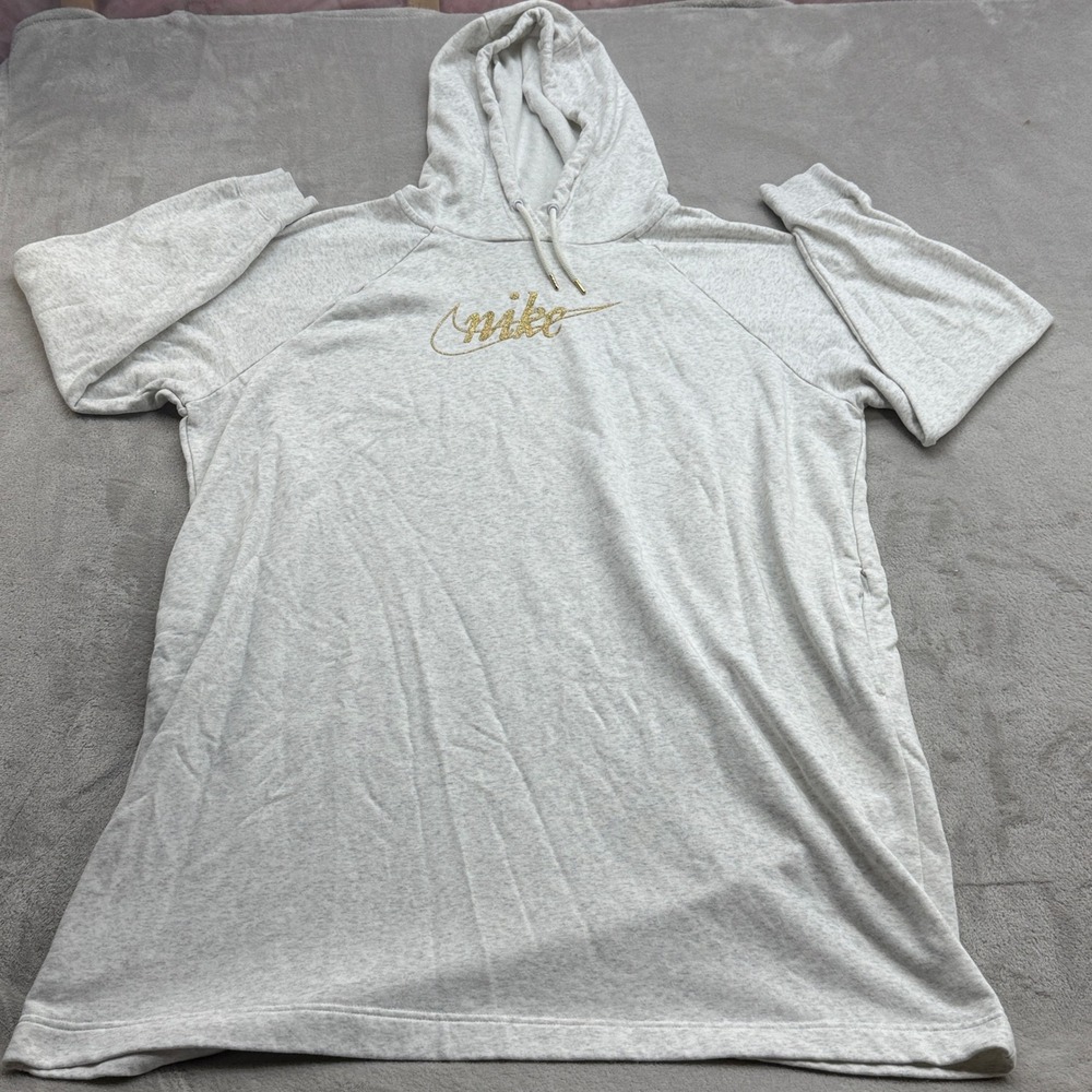 Nike Oversized Tunic Hoodie Women XL Grey Gold Glitter Raglan Pullover Athleisur